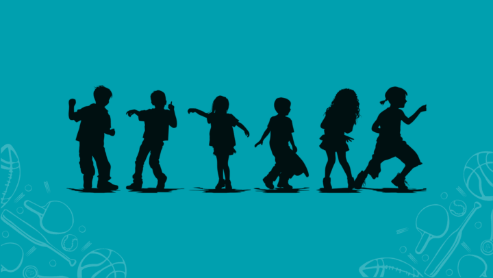 Silhouettes of six children standing and playing against a bright teal background, with outlines of various sports equipment such as footballs, table tennis paddles, bats, and balls in the corners.
