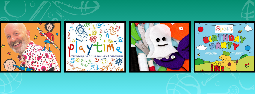 These four images collectively appear to promote resources related to children's educational activities, particularly theatre, craft, and popular book-based themes.