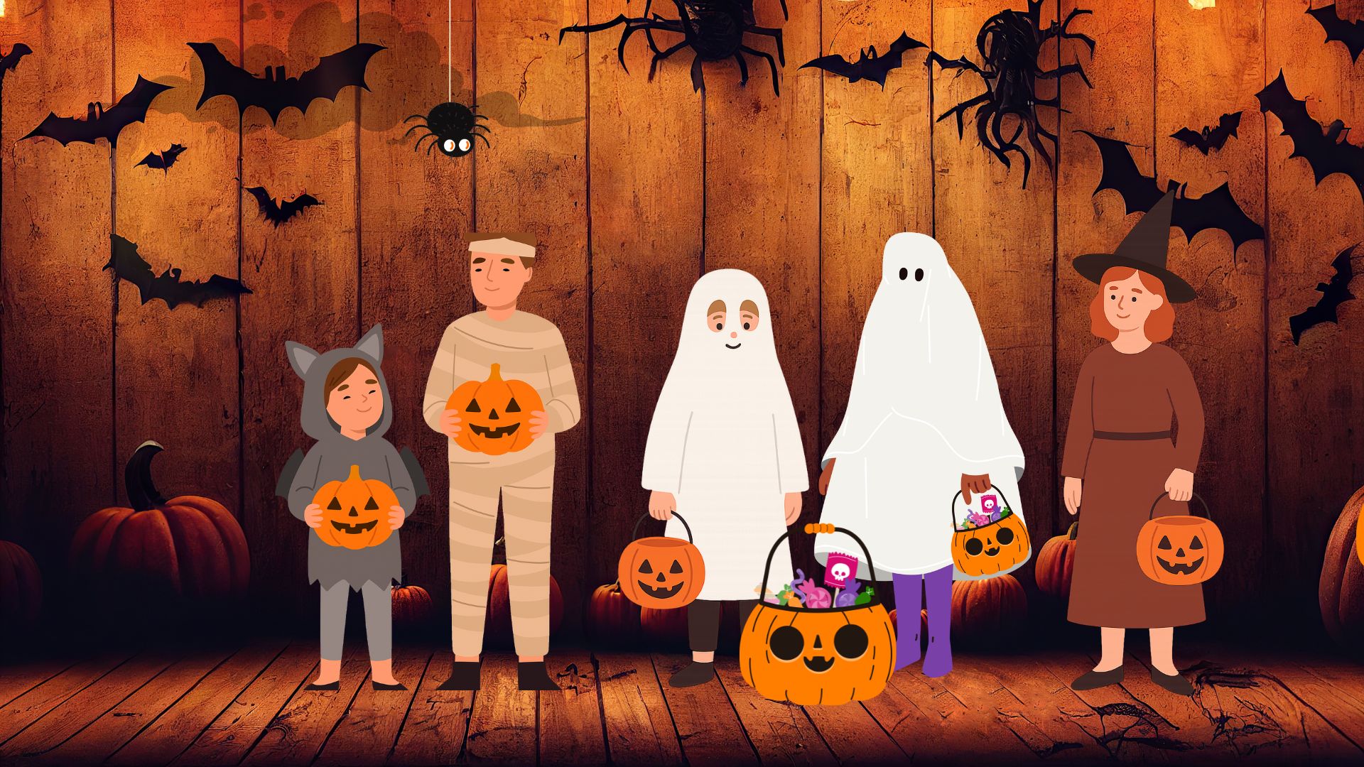 An illustration of a Halloween scene showing five costumed figures—a child in a grey cat suit, a man as a mummy, two people in white ghost costumes, and a woman dressed as a witch—standing on a wooden floor. They hold pumpkin baskets and jack-o'-lanterns against a wooden wall background decorated with black bats and spiders.