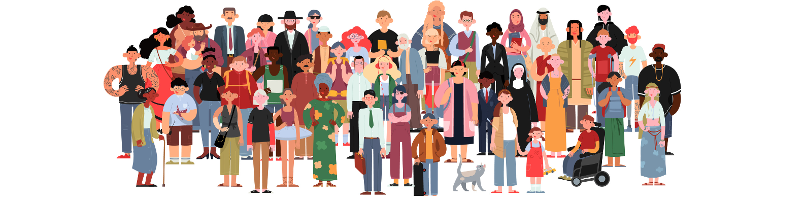 An illustration of people from different cultures, races, of different ages and genders to reflect the 10 protected characteristics