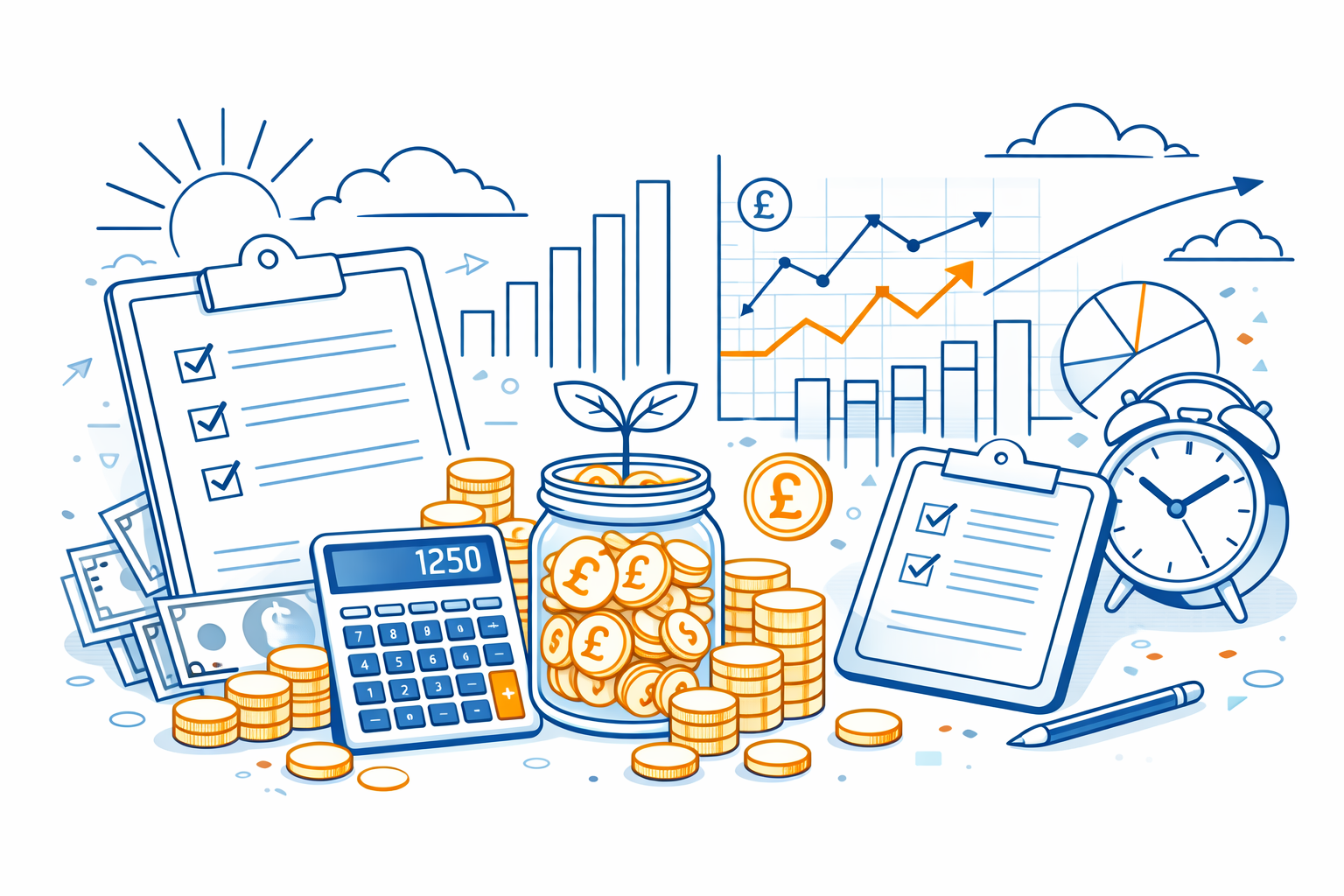 Minimal line-drawing illustration of budgeting and financial planning, showing a clipboard checklist, calculator, stacked coins with pound (£) symbols, a savings jar with a small plant, and simple charts and graphs on a blue background