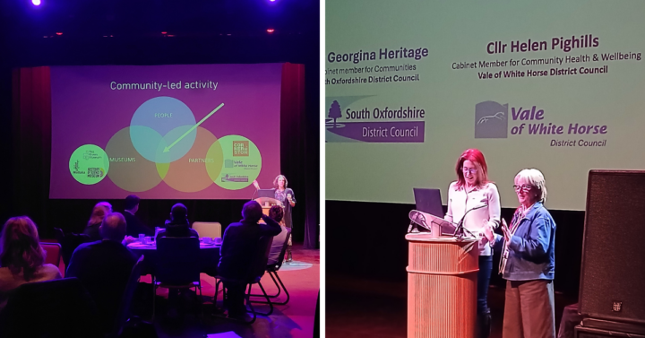Cllr Georgina Heritage and Cllr Helen Pighills presenting at the Southern Oxfordshire Heritage, Culture, and Creative Industries Symposium Delegates at the Southern Oxfordshire Heritage, Culture, and Creative Industries Symposium seated around tables watching a presentation.