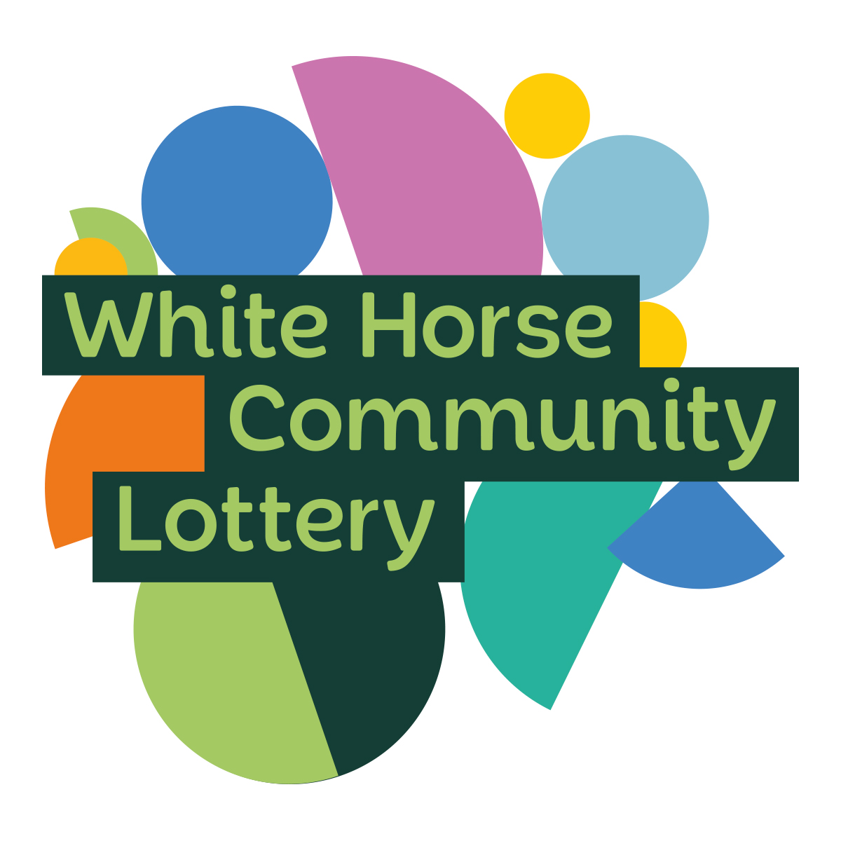 The White Horse Community lottery logo. The text is in green with lots of colourful shapes around it.