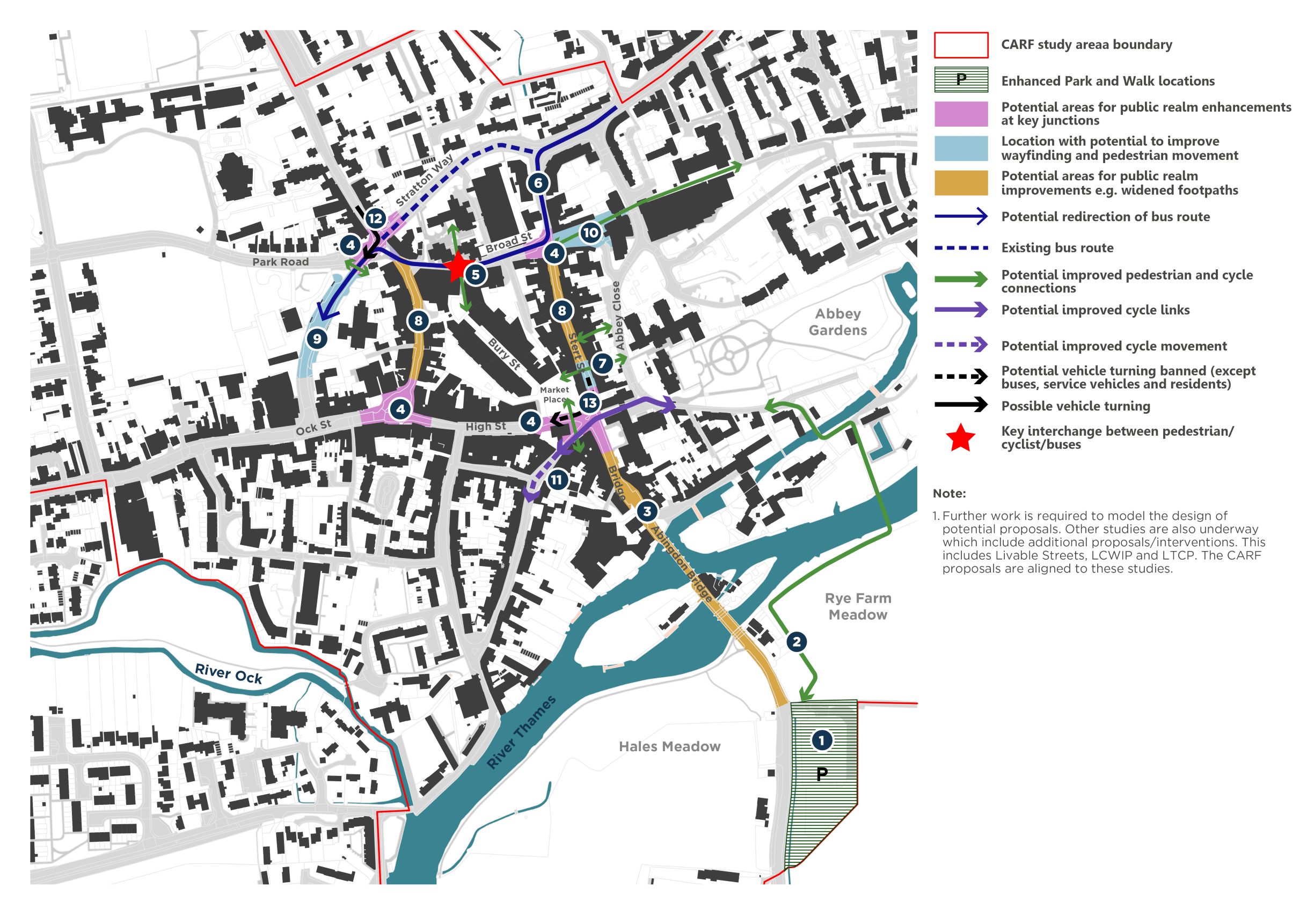 Supporting image to Potential Major Public Realm Improvements showing the CARF study area and locations of suggested improvements, denoted by numbers that relate to the following list of interventions. A note sits alongside the plan to confirm that further work is required to model the design of potential proposals, and highlights the additional studies underway, such as the LCWIP and LTCP, which will also propose specific improvements.