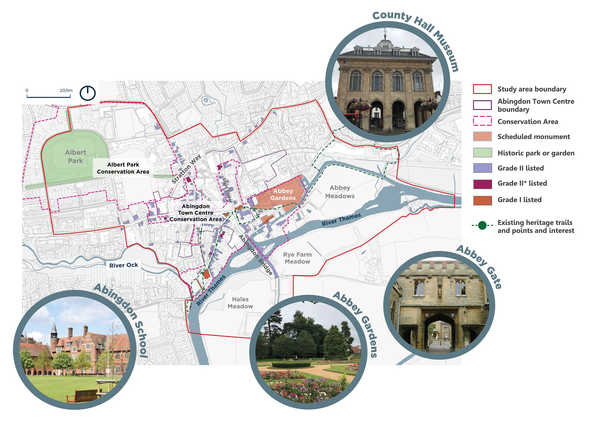 The plan illustrates the position of the two conservation areas, Albert Park conservation area and Abingdon Town Centre Conservation area in relation to the CARF study area. The plan shows the buildings that are listed and areas that are scheduled monuments, including Abbey Gardens. An existing heritage trail and points of interest are identified, extending west from Market Place to St Helen’s Church and east towards Abbey Meadows.