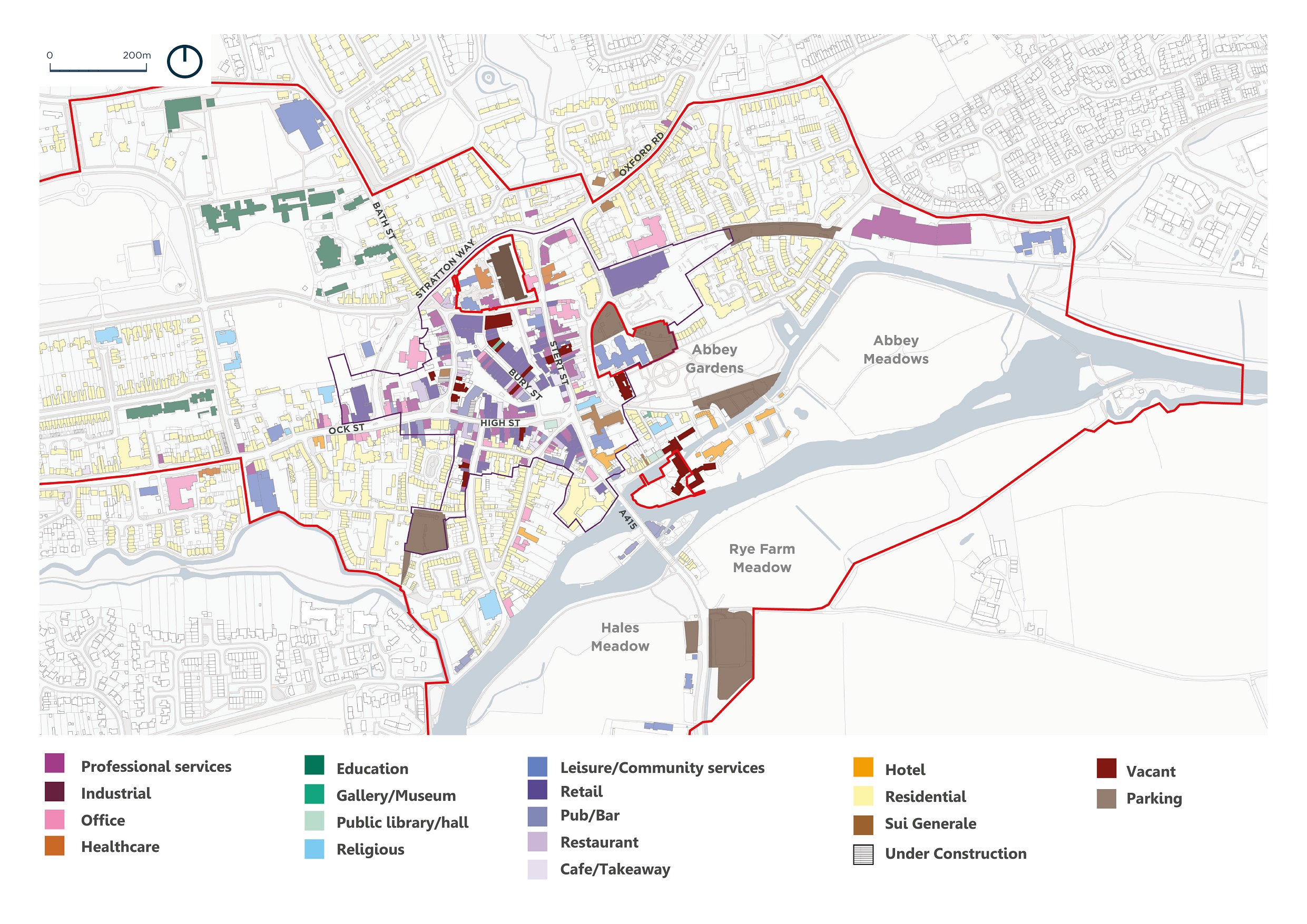 The plan illustrates the existing daytime land uses within the CARF. Uses identified within this area include professional services, industrial, office, healthcare, education, gallery/museum, public library or hall, religious, leisure and community service, retail, pubs or bars, restaurants, cafes or takeaway, hotel, residential, sui generale and vacant uses as well as locations for parking and buildings under construction.
