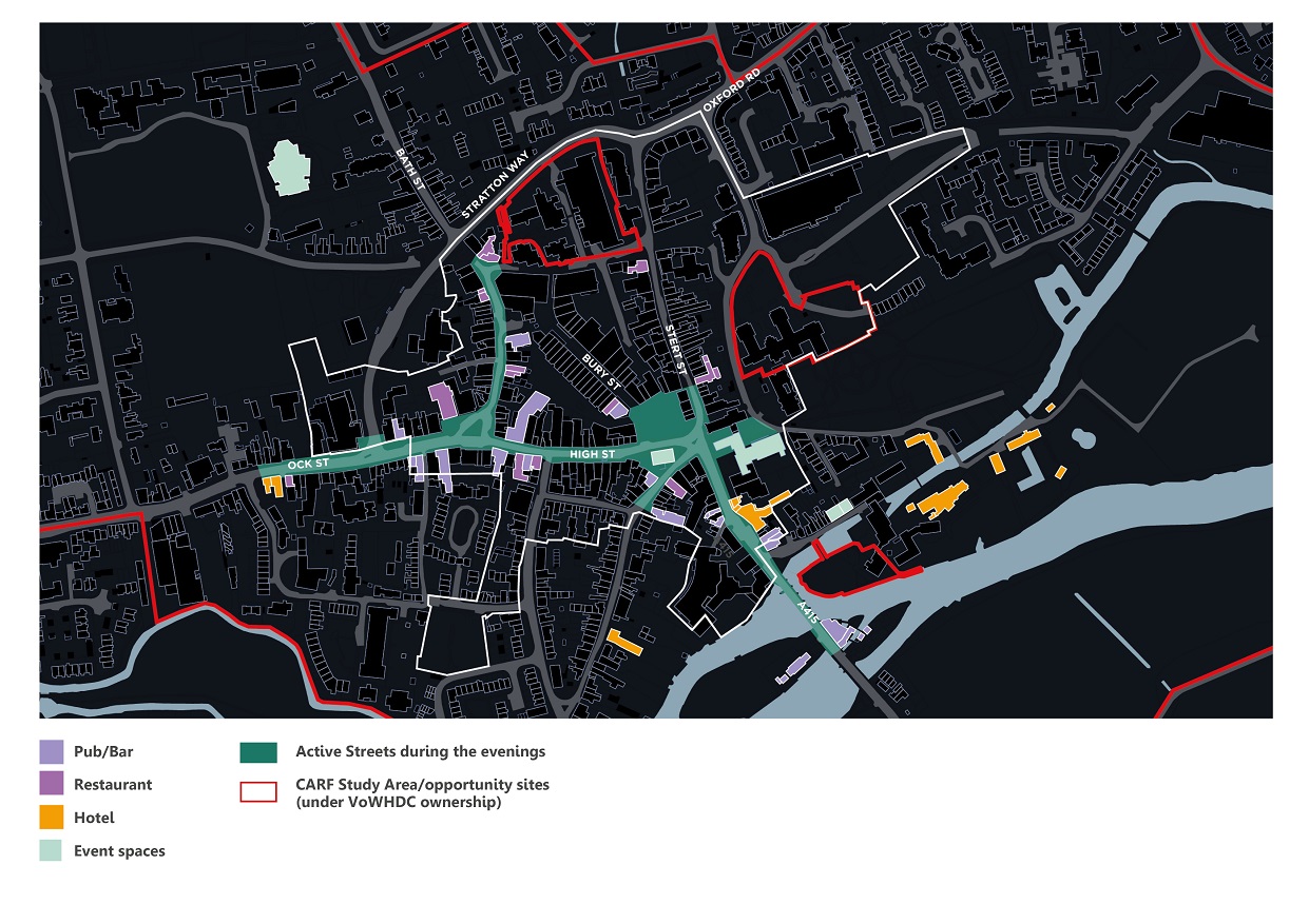 The plan illustrates existing land uses within the CARF study area that function as part of Abingdon’s night-time and evening economy. This includes pubs, bars and restaurants as well as hotels and buildings that are used as event spaces. The plan also highlights streets that are activated by these uses including Ock Street, Bath Street, High Street and Bridge Street as well as the Market Place.