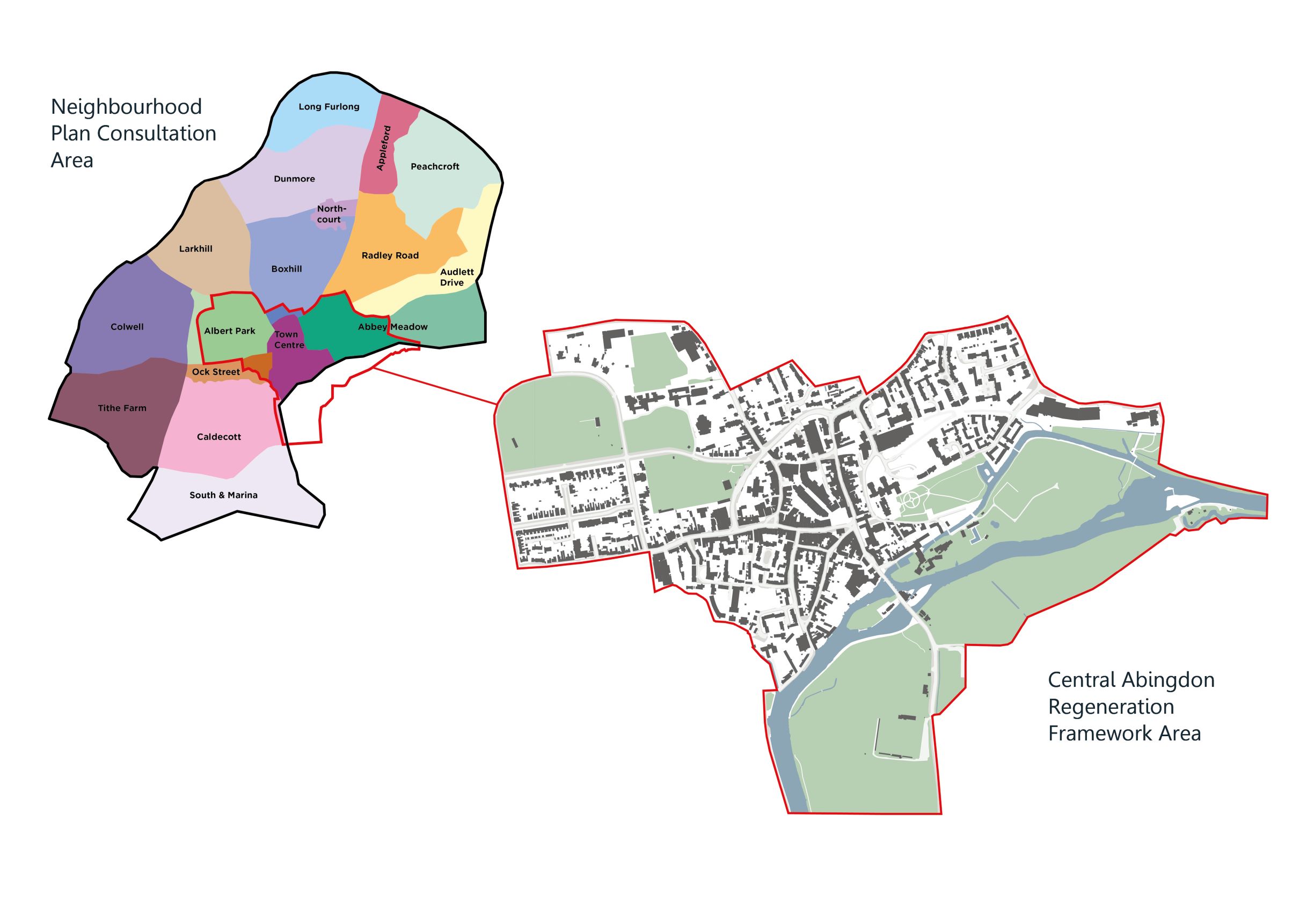 A plan illustrating the study area of the CARF in the context of the Neighbourhood Plan Consultation area. The Neighbourhood Plan study area includes all residential and suburban areas of Abingdon whereas the CARF focuses on the town centre area and its immediate surroundings only, including parts of Albert Park, Ock Street, Abbey Meadow and Boxhill, alongside open space south of the River Thames.