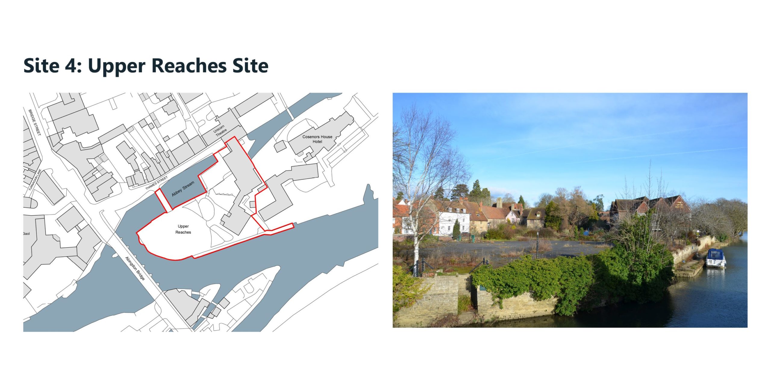 (left) Location plan of Upper Reaches site. The site is bounded by the River Thames to the south and Thames Street to the north. It includes a vacant Grade II listed building within the site boundary. (right) a photograph of the Upper Reaches site taken from Abingdon Bridge.