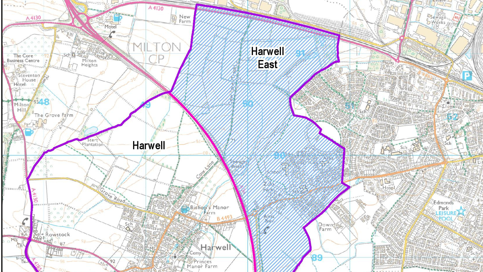 An Ordnance Survey Map of the area for the proposed Harwell East parish in relation to the existing Harwell parish. The new parish is shown as a shaded area to the north-east of Harwell village, including Valley Park and the section of Great Western Park that’s in the Vale of White Horse.