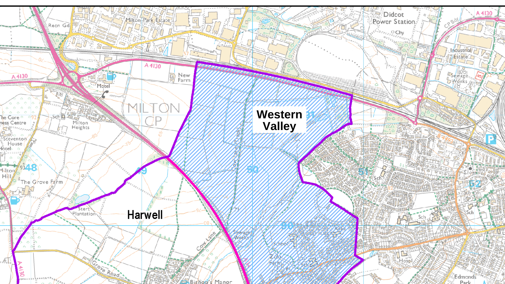 An Ordinance Survey map of the area of Harwell parish on the left and the new Western Valley Parish on the right including a section of Great Western Park in Didcot, and up to the railway line running alongside the A4130 between Didcot and Milton Heights.