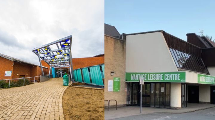 An image of the White Horse Leisure and Tennis Centre from the front and the right image is the outside of Wantage Leisure Centre