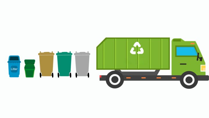 a graphic showing a waste truck, three wheelie bins, a food caddie and a litter bin