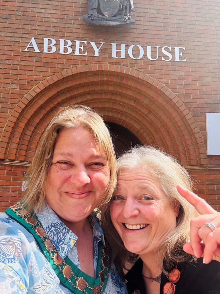 Cllrs Povolotsky and Bentley outside Abbey House