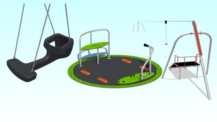image of three items of play equipment, an accessible roundabout, an accessible swing and and cable ride.