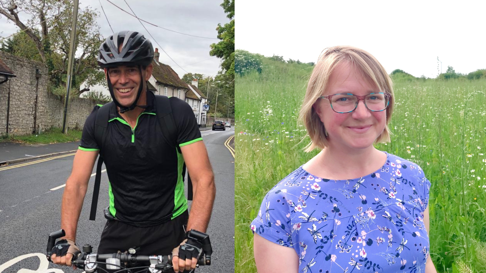 Cllr Eric de la Harpe on a bike next to a separate image of Cllr Katherine Foxhal in front of a field.