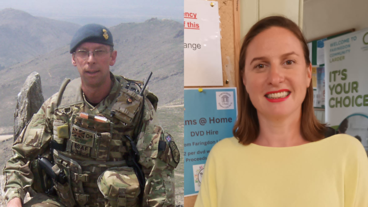 Counillor Mark Coleman in army uniform and headshot of Councillor Lucy Edwards