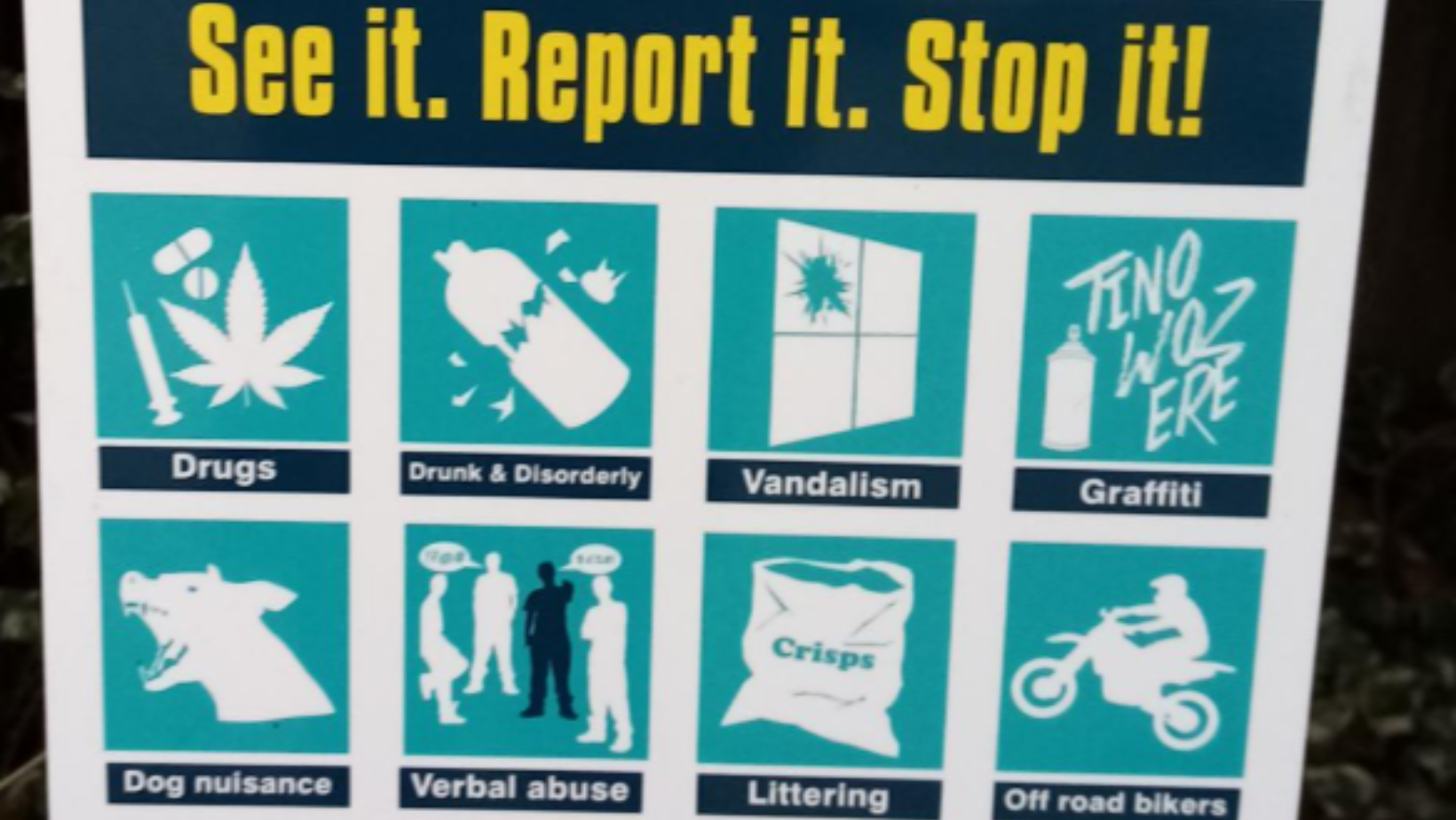 A sign saying see it, report it, stop it