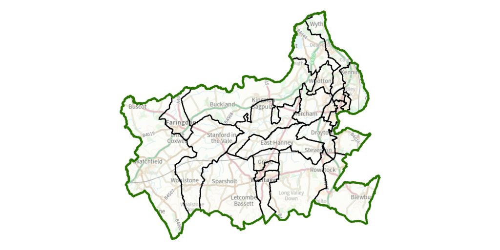 A map of the Vale of White Horse showing the current district council ward boundaries.  The is map is not in detail