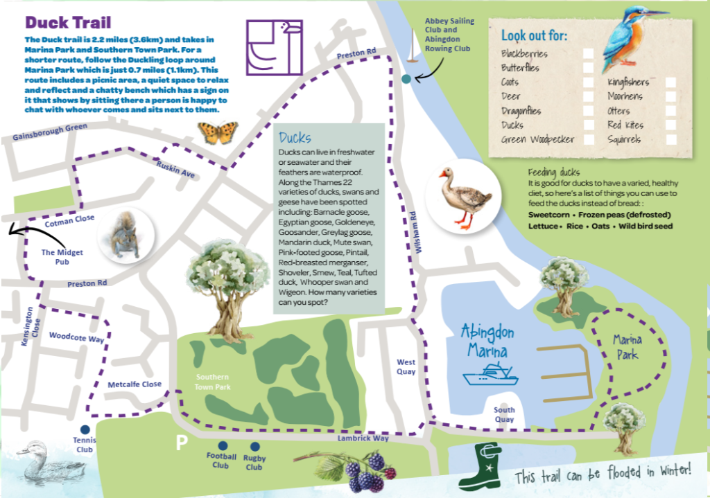 A graphic showing the duck trail around south Abingdon, including the key features of the trail.